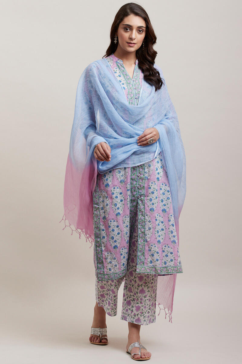 Purple Block Printed Cotton Straight Farsi