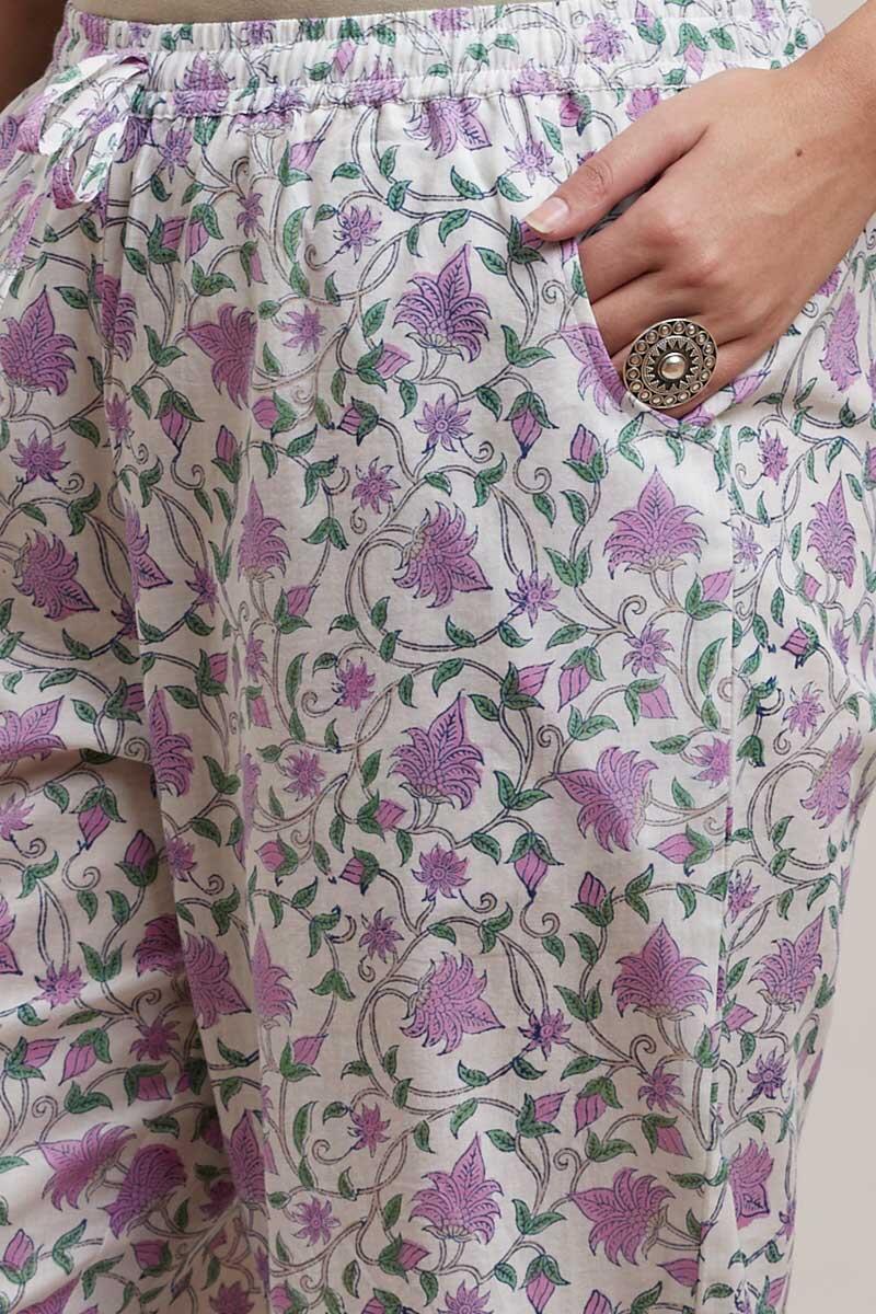 Purple Block Printed Cotton Straight Farsi