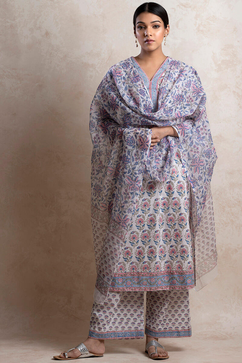 Blue Block Printed Kota Dupatta