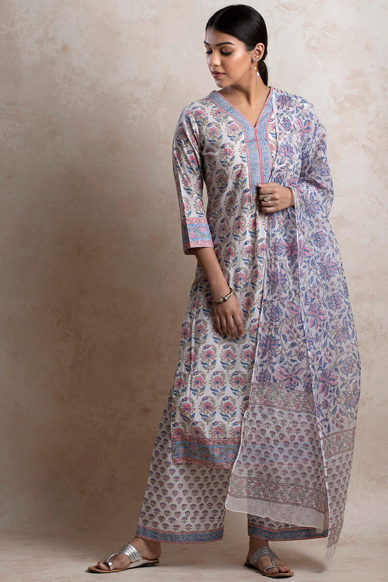 Blue Block Printed Cotton Farsi Pants