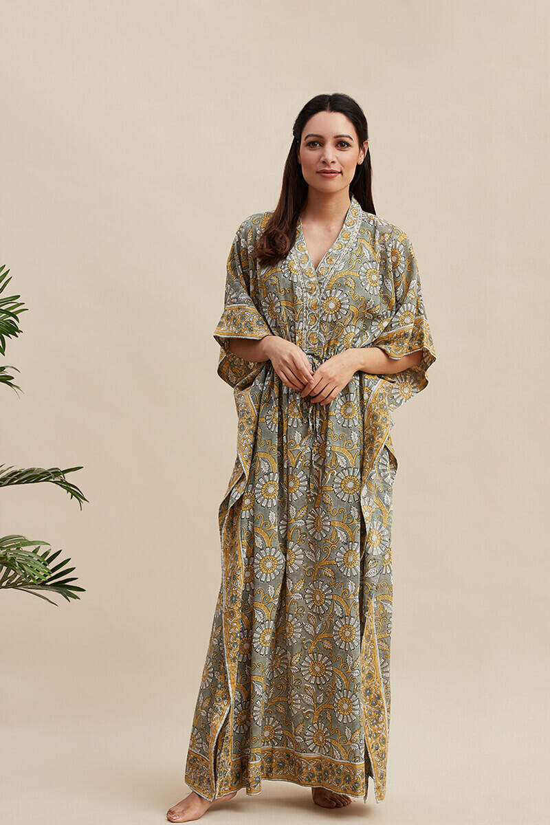 Grey Block Printed Cotton Kaftan