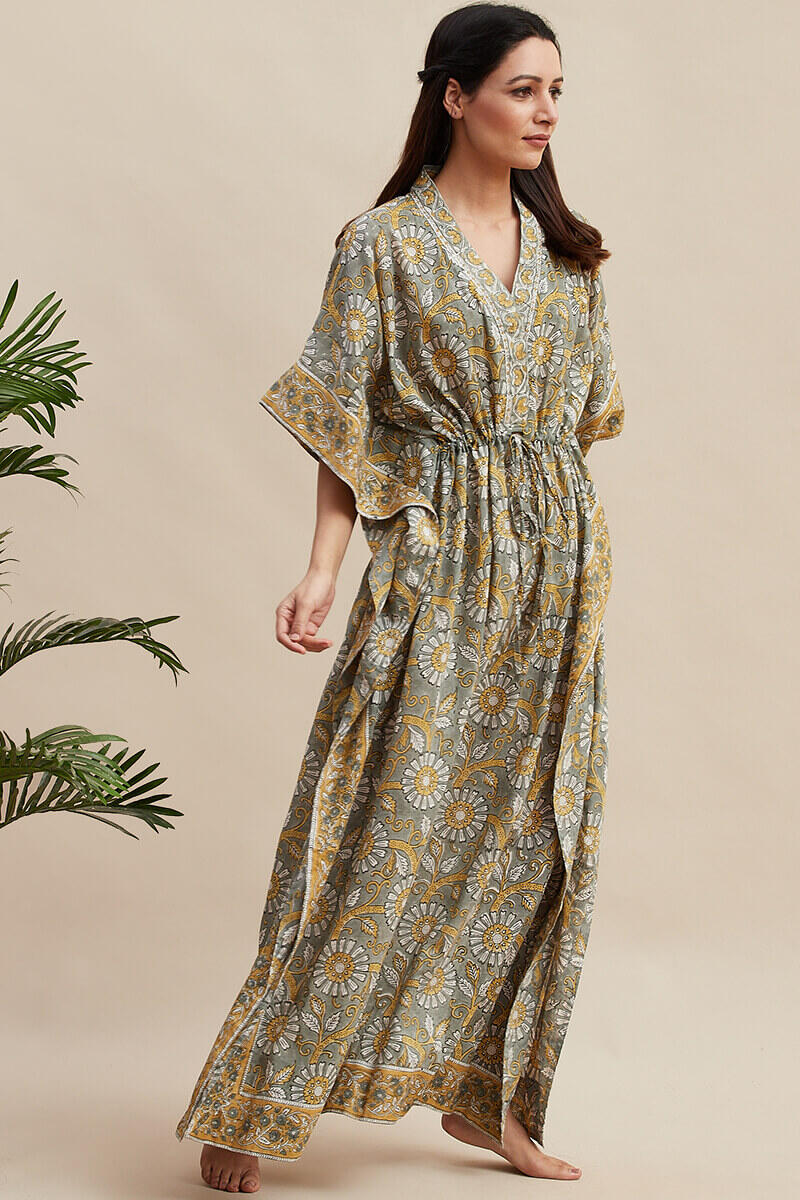 Grey Block Printed Cotton Kaftan