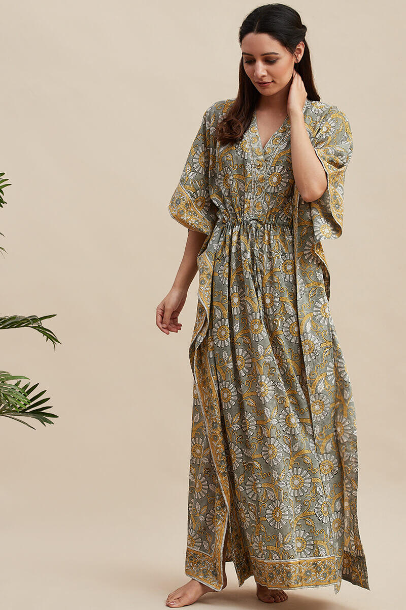 Grey Block Printed Cotton Kaftan