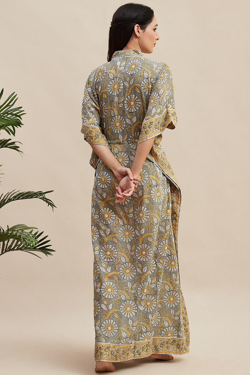 Grey Block Printed Cotton Kaftan