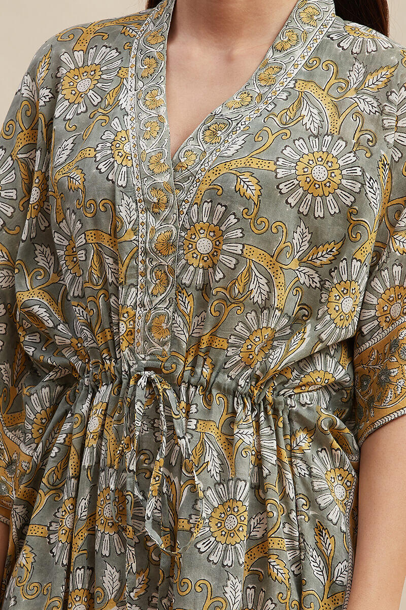 Grey Block Printed Cotton Kaftan