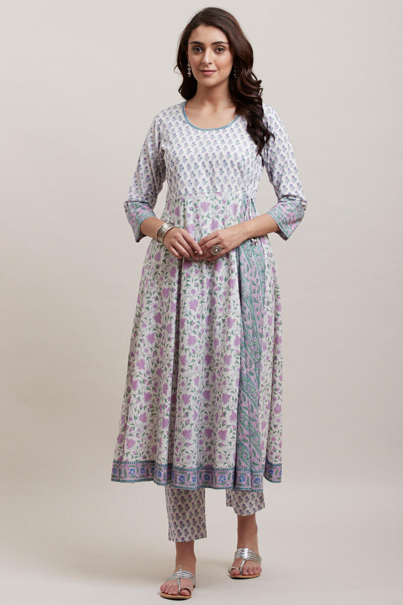 Purple Block Printed Angrakha Cotton Kurta