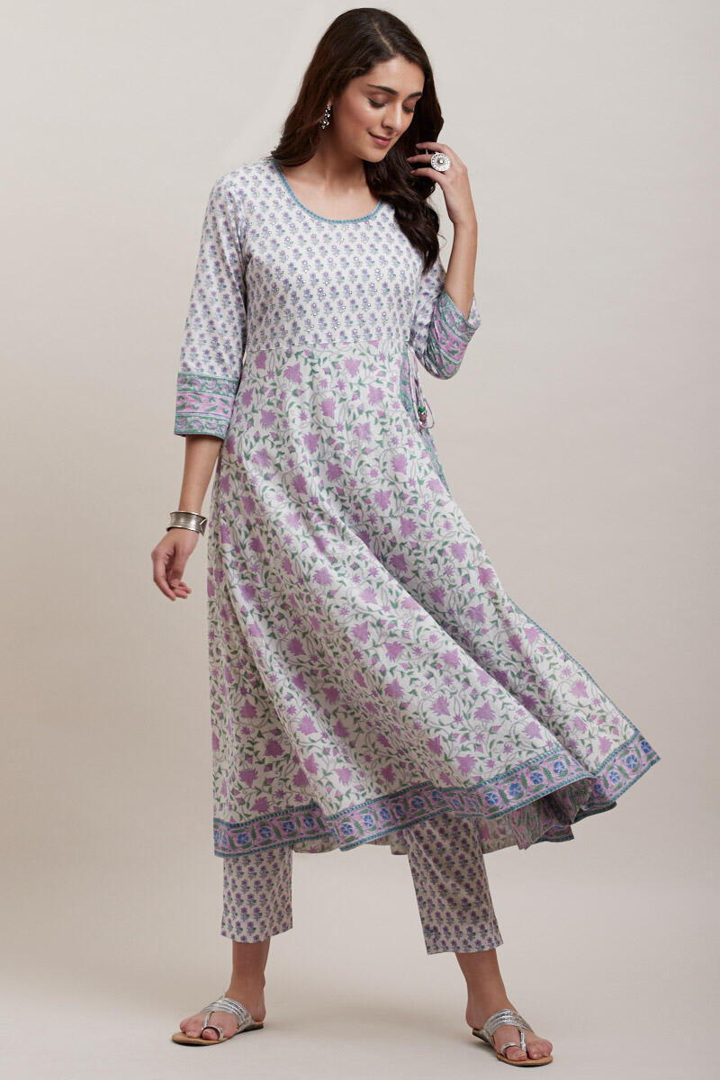Purple Block Printed Angrakha Cotton Kurta