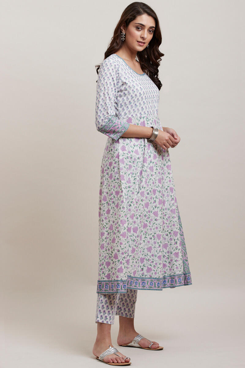 Purple Block Printed Angrakha Cotton Kurta
