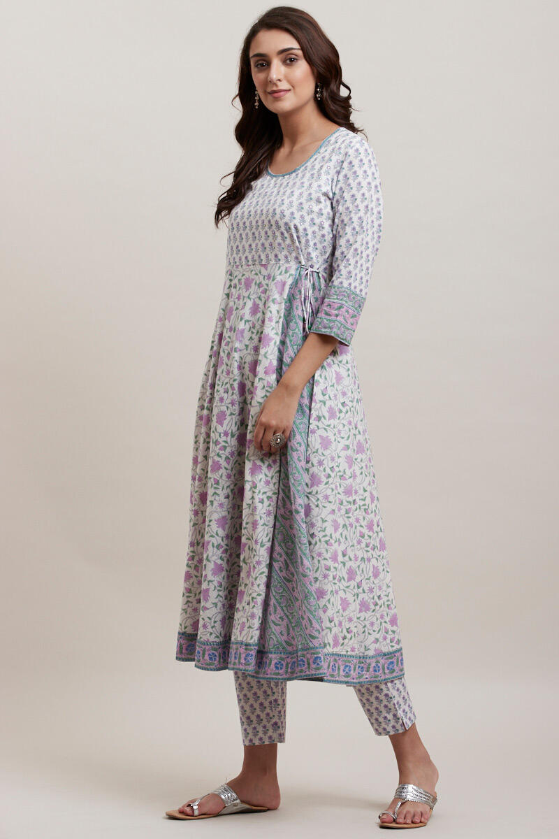 Purple Block Printed Angrakha Cotton Kurta