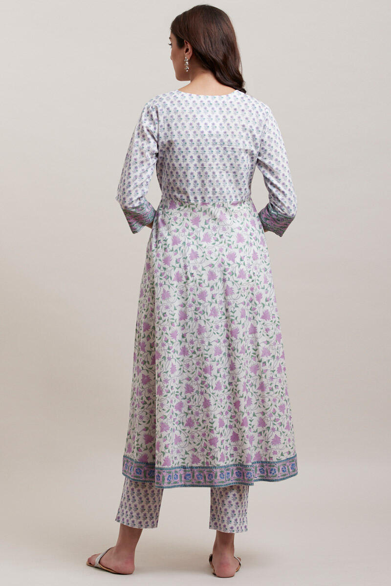 Purple Block Printed Angrakha Cotton Kurta