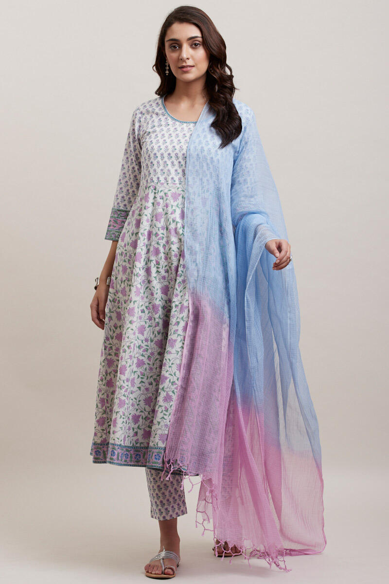 Purple Block Printed Angrakha Cotton Kurta