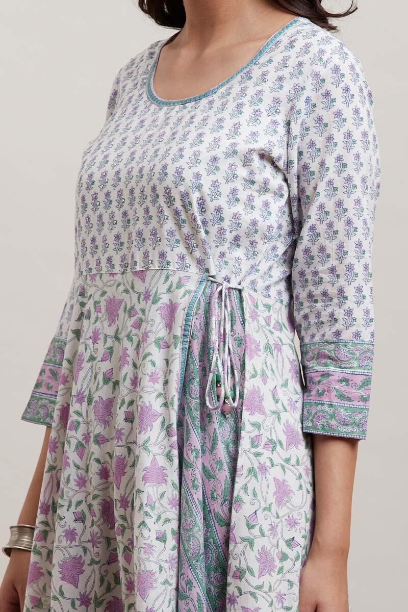 Purple Block Printed Angrakha Cotton Kurta