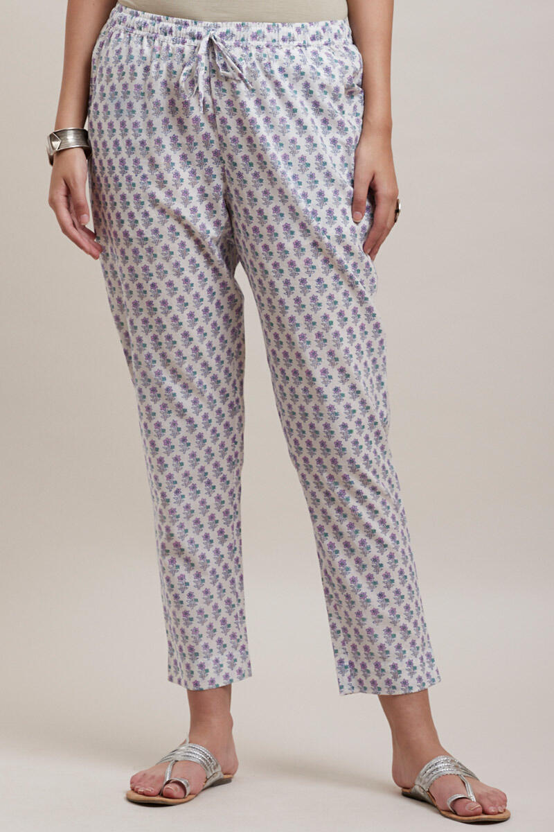 Purple Block Printed Cotton Cigarette Pants
