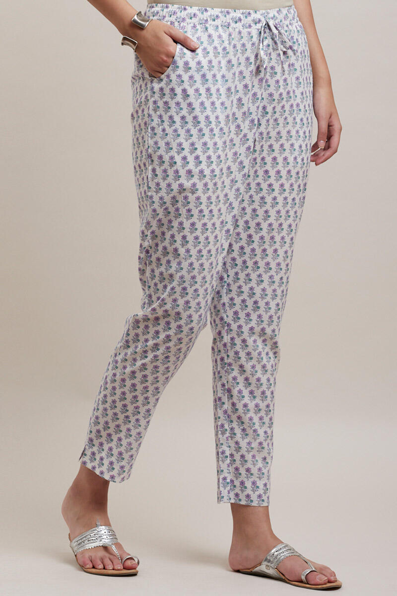 Purple Block Printed Cotton Cigarette Pants
