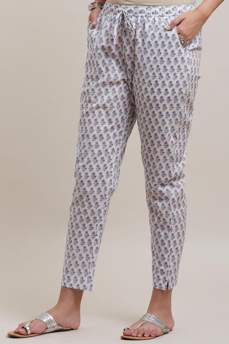 Purple Block Printed Cotton Cigarette Pants