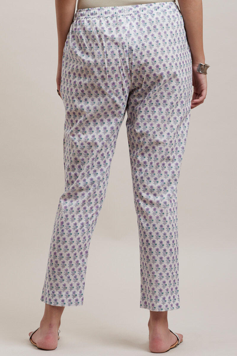 Purple Block Printed Cotton Cigarette Pants
