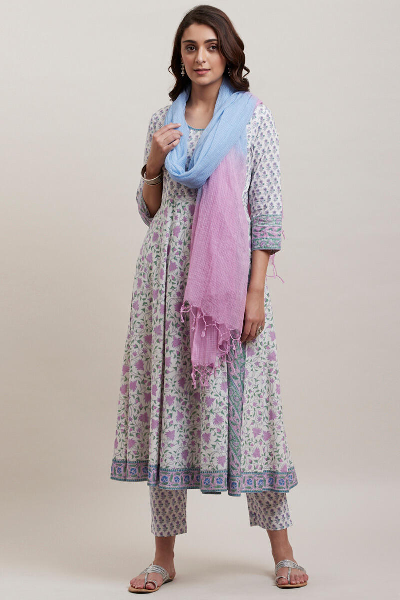 Purple Block Printed Cotton Cigarette Pants