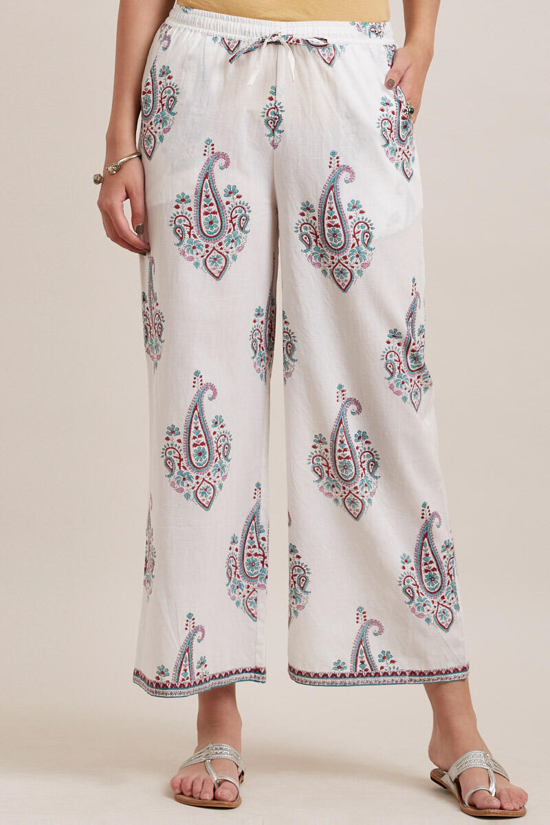 White Block Printed Cotton Farsi Pants