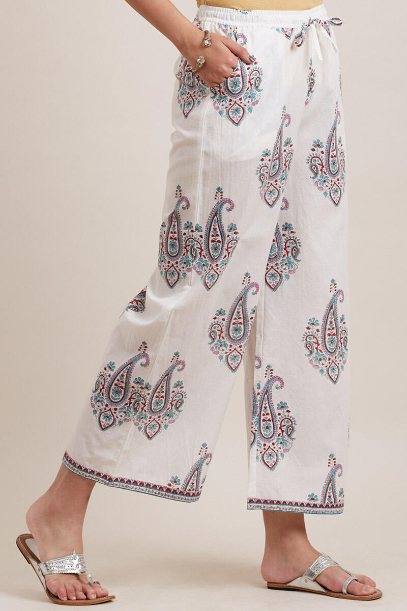 White Block Printed Cotton Farsi Pants