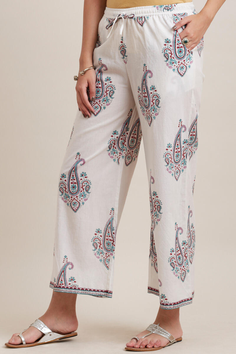 White Block Printed Cotton Farsi Pants