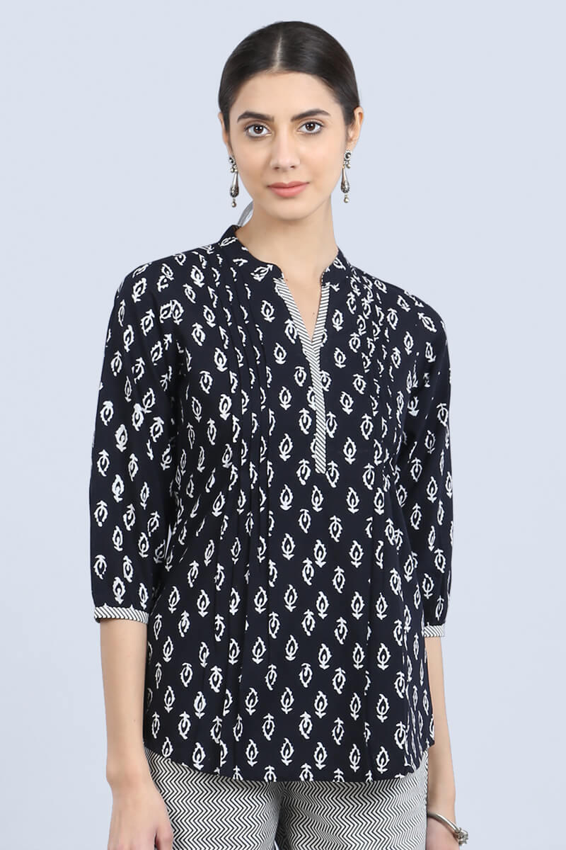 Black Block Printed Cotton Top