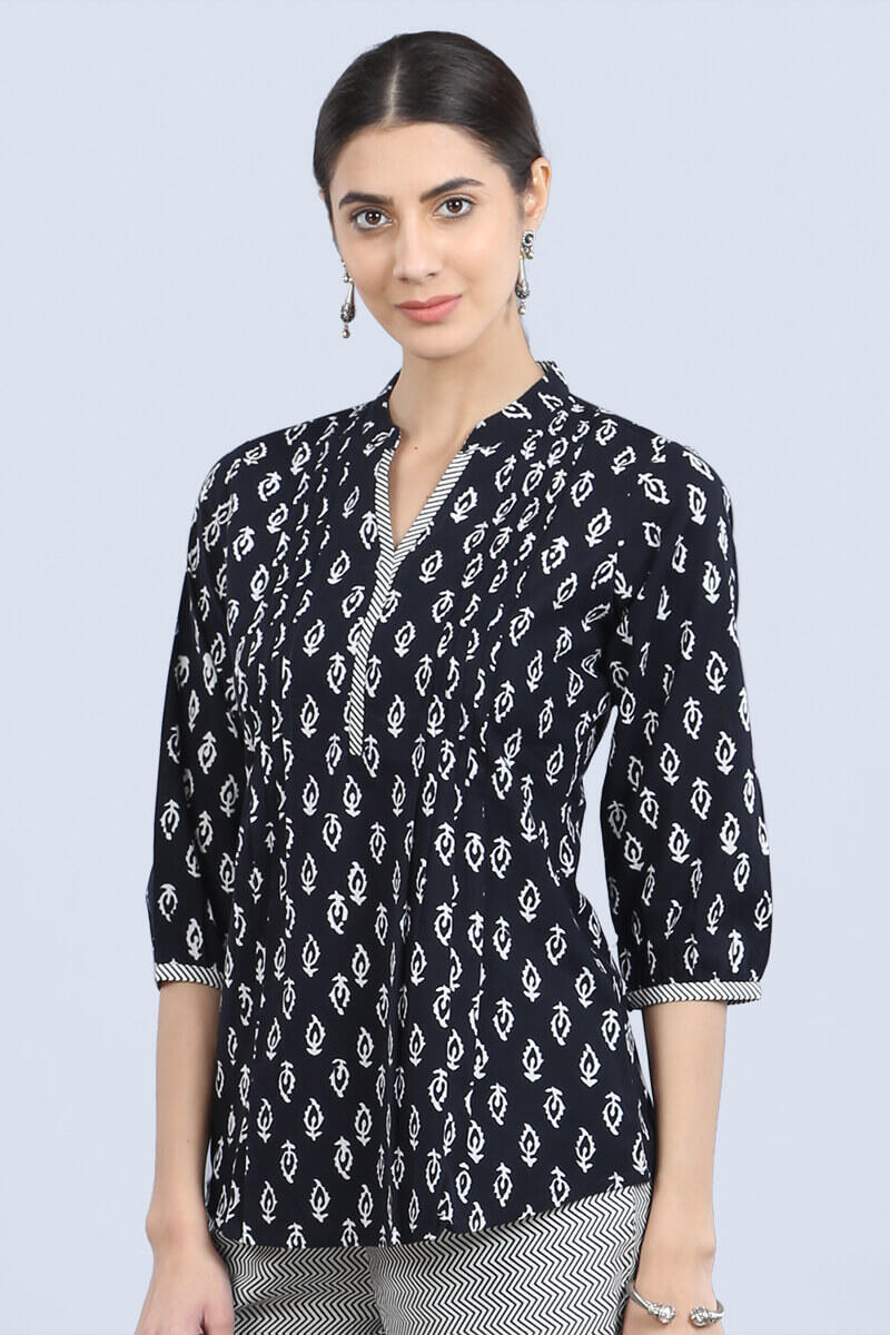 Black Block Printed Cotton Top