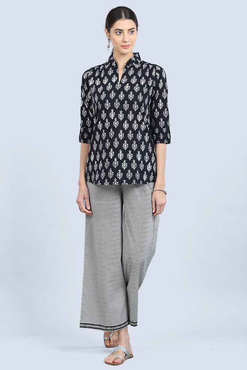 Black Block Printed Cotton Top