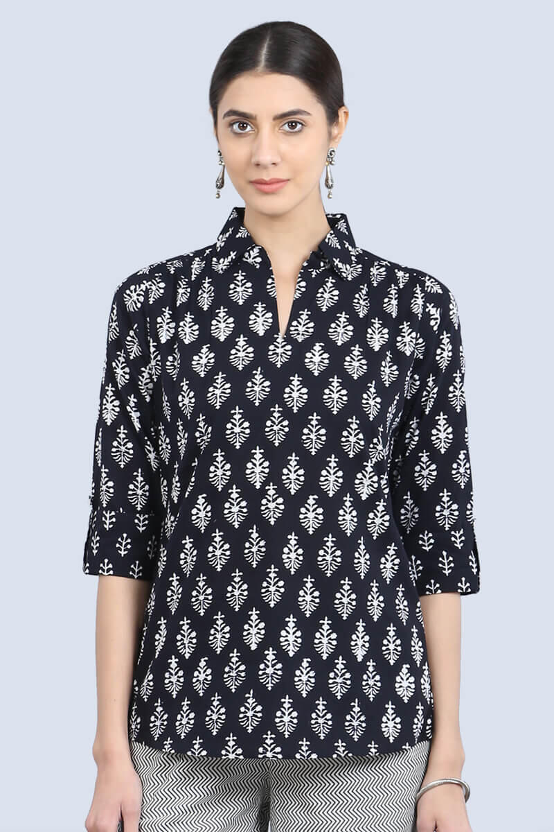 Black Block Printed Cotton Top