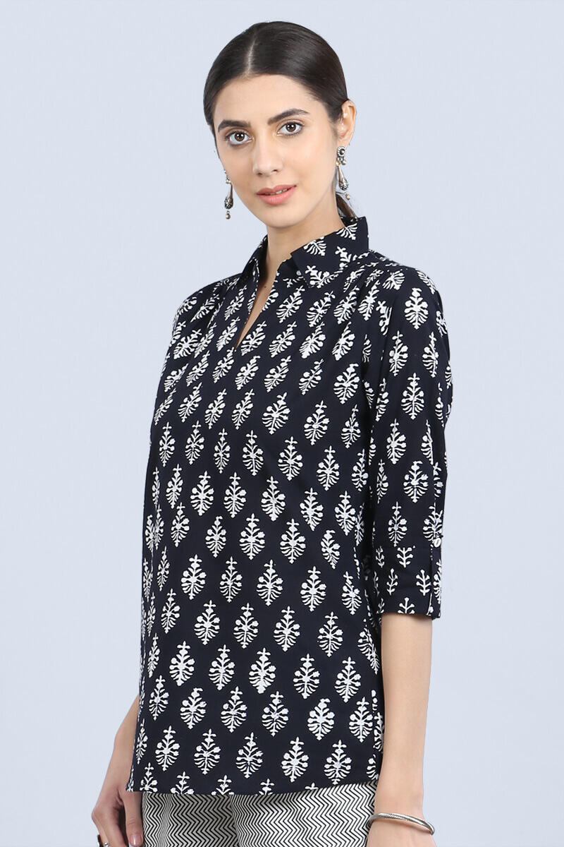 Black Block Printed Cotton Top