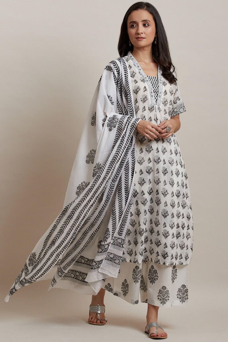 White Block Printed Cotton Dupatta