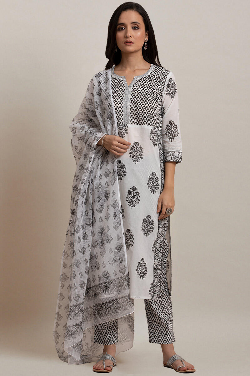 White Block Printed Kota Dupatta