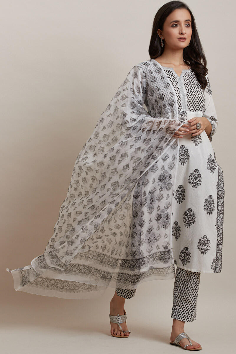 White Block Printed Kota Dupatta