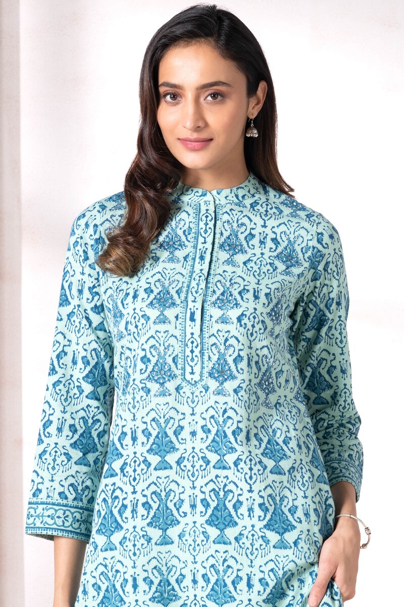 Turquoise Block Printed Straight Cotton Flex Kurta