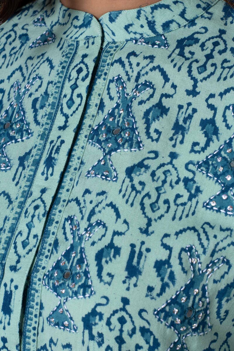 Turquoise Block Printed Straight Cotton Flex Kurta