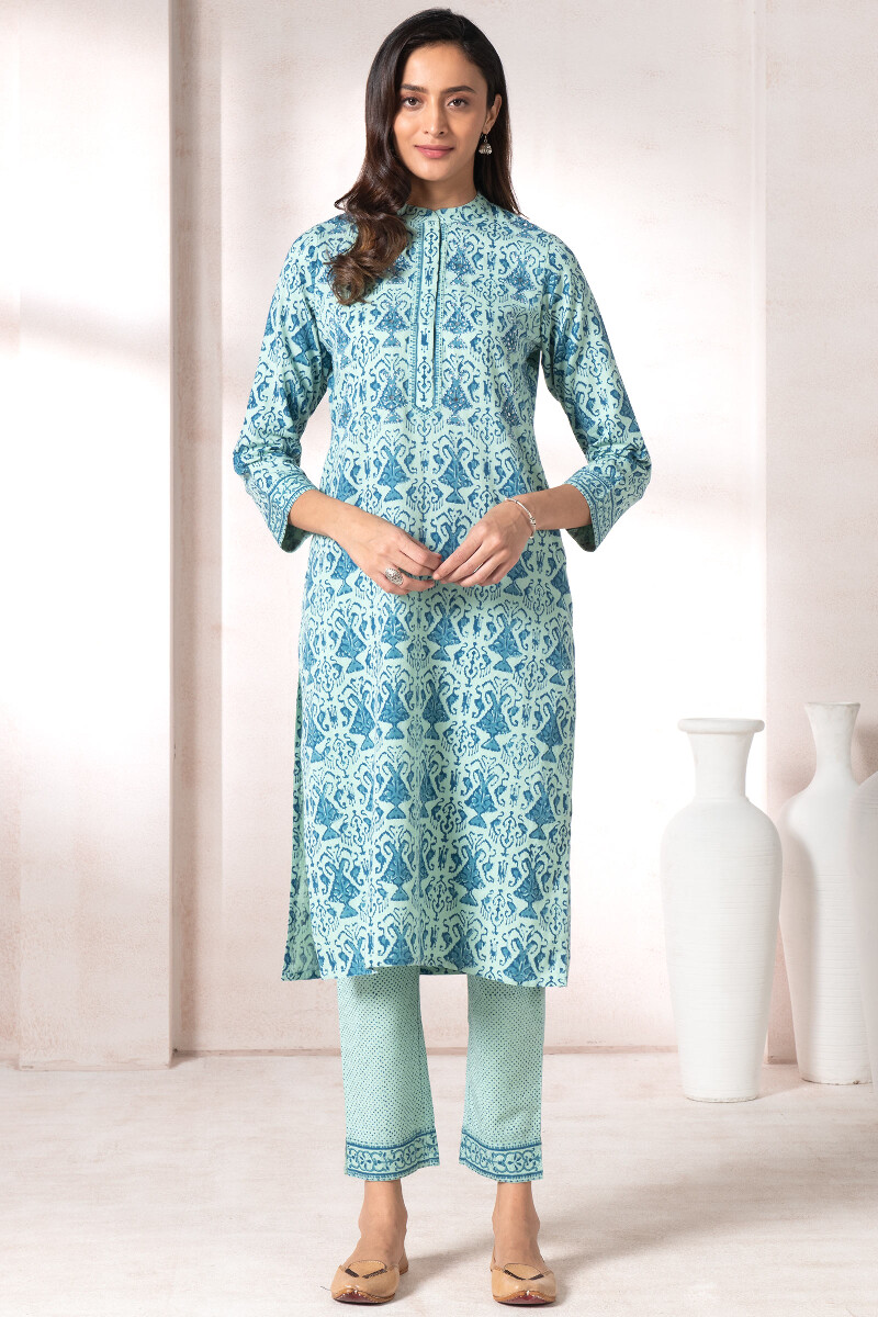 Turquoise Block Printed Straight Cotton Flex Kurta