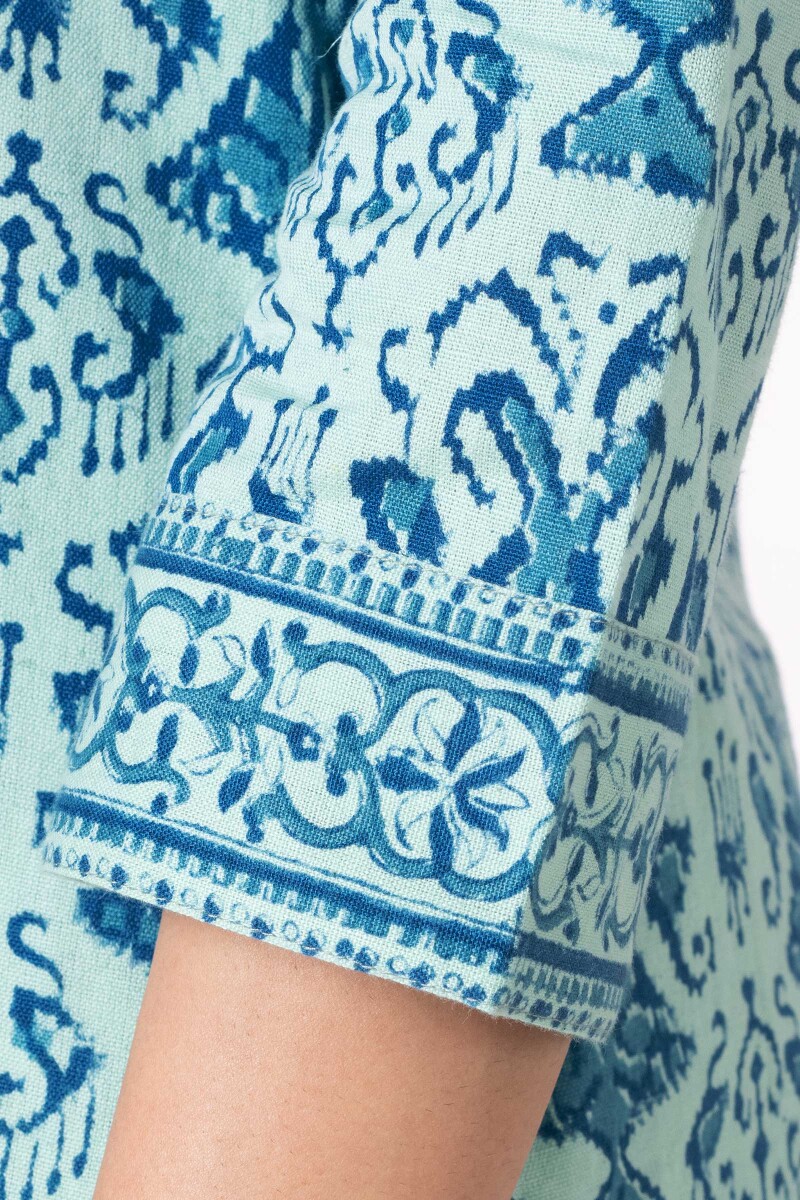 Turquoise Block Printed Straight Cotton Flex Kurta