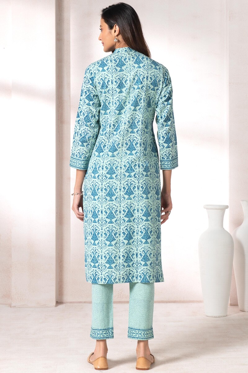 Turquoise Block Printed Straight Cotton Flex Kurta