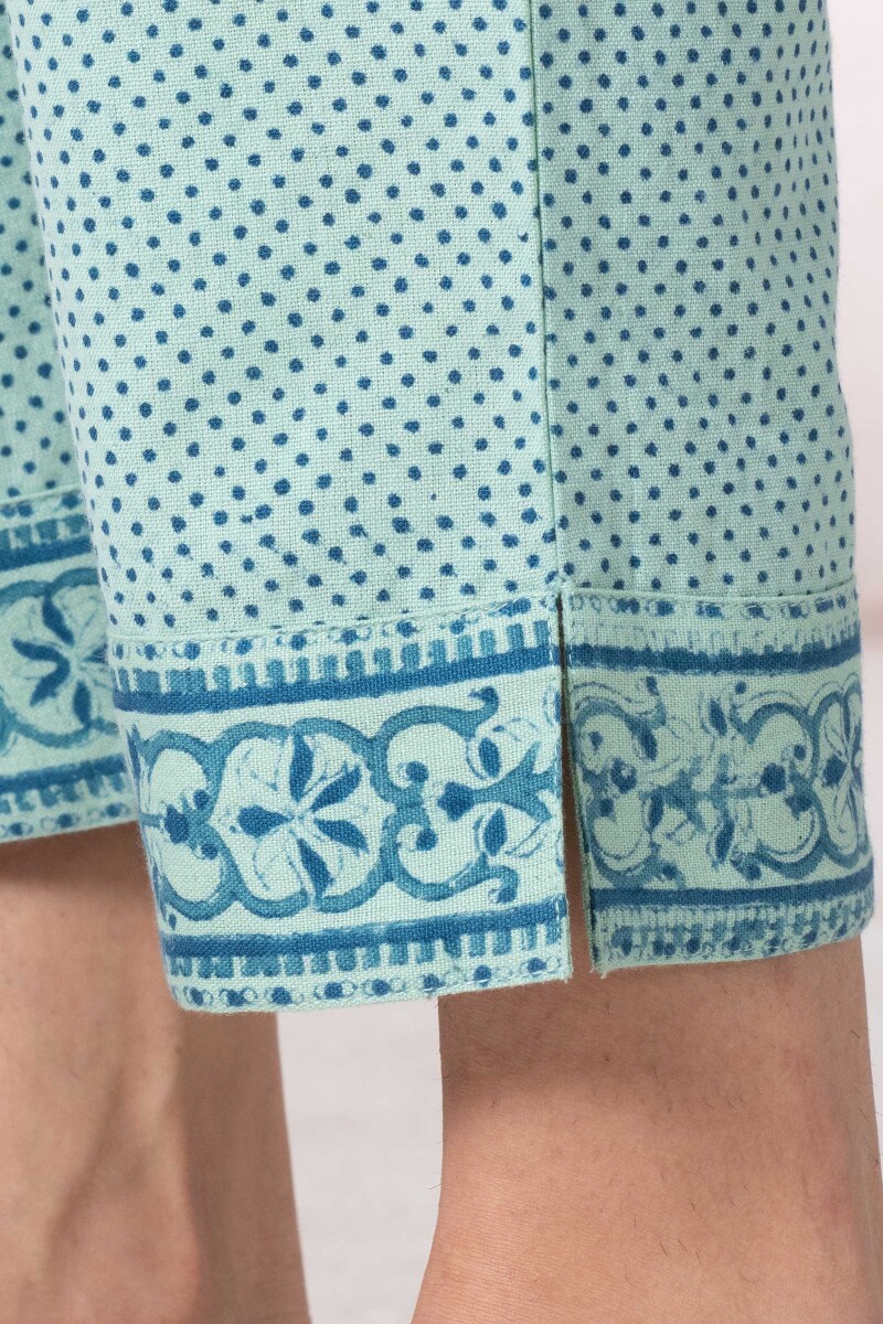 Turquoise Block Printed Cotton Flex Pants