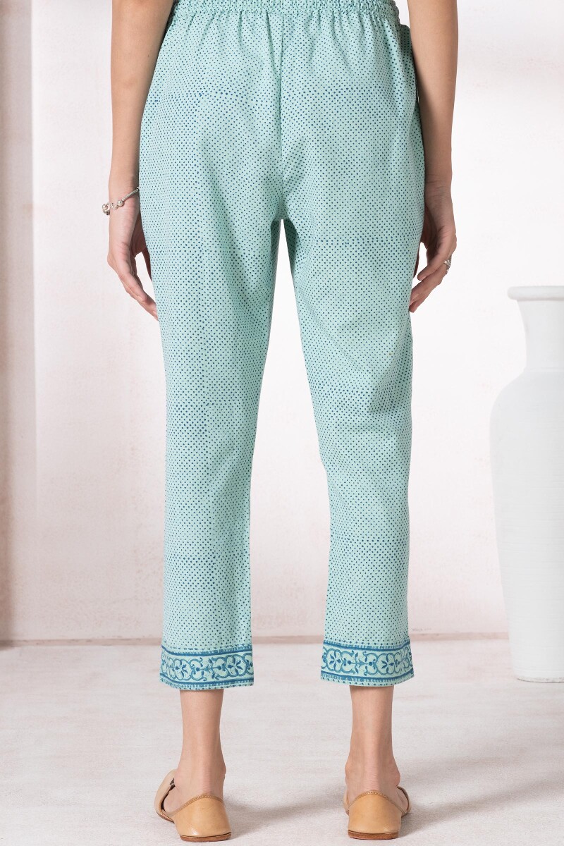Turquoise Block Printed Cotton Flex Pants