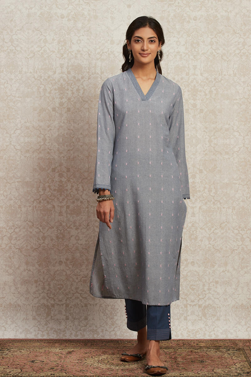 Blue Handcrafted Straight Cotton Kurta