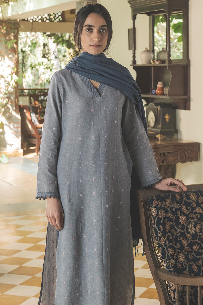 Blue Handcrafted Straight Cotton Kurta