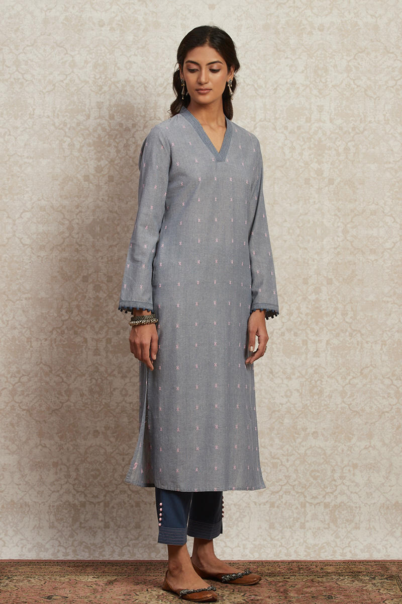 Blue Handcrafted Straight Cotton Kurta