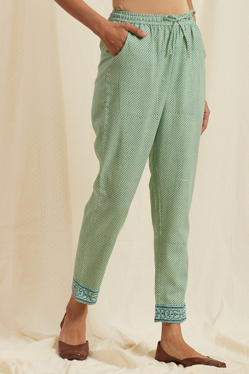 Turquoise Block Printed Cotton Pants