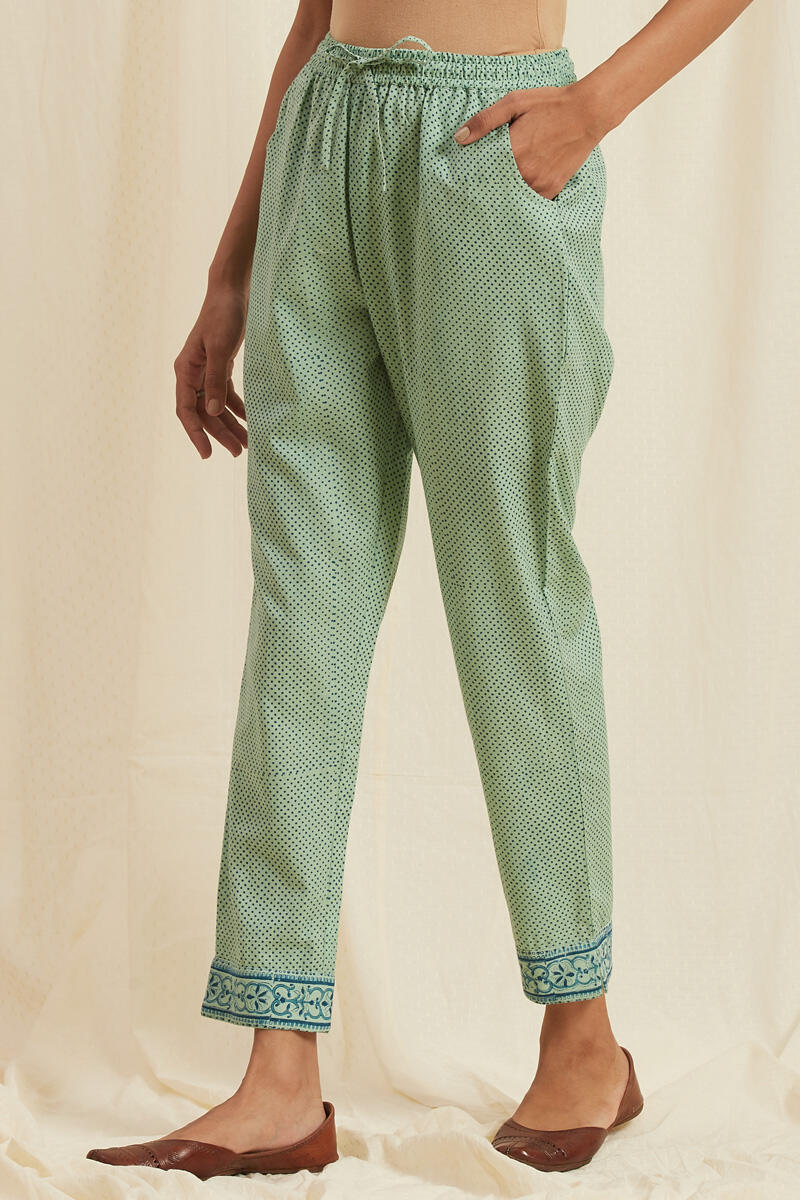 Turquoise Block Printed Cotton Pants