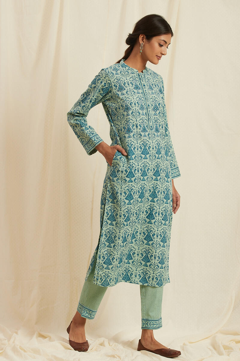 Turquoise Block Printed Cotton Pants