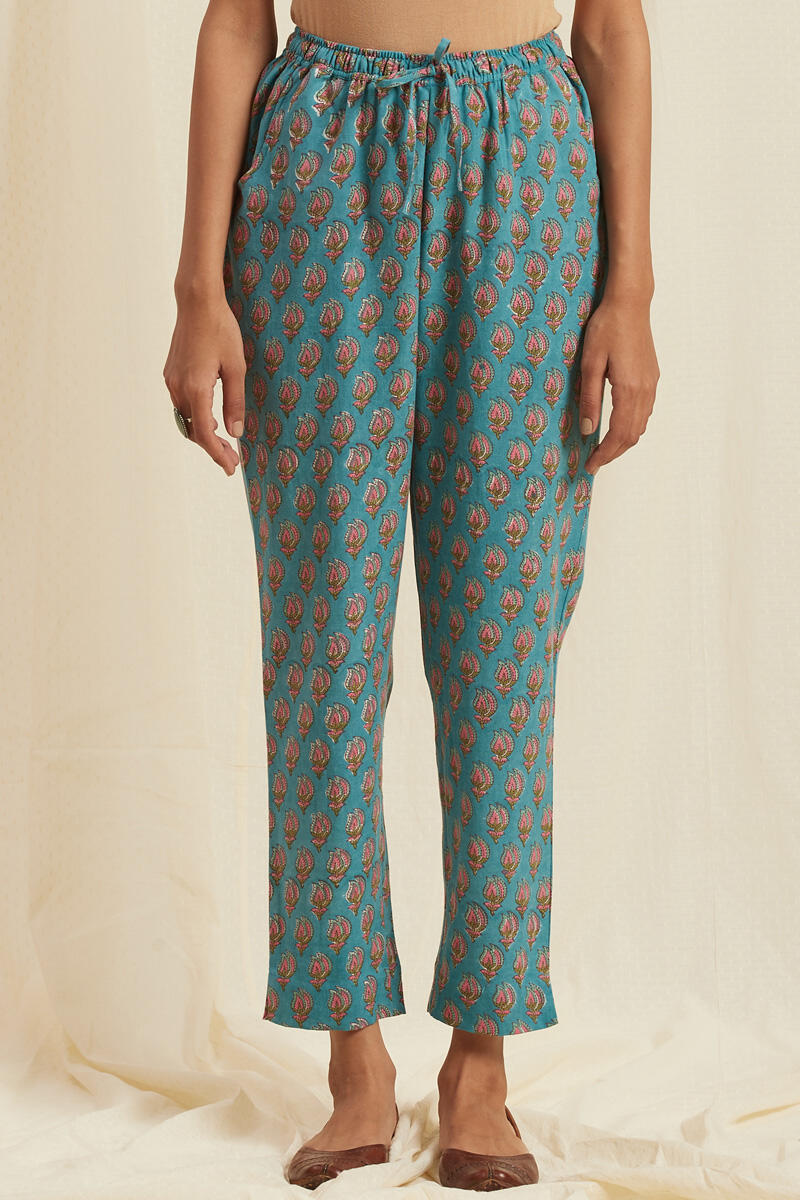 Turquoise Block Printed Cotton Pants