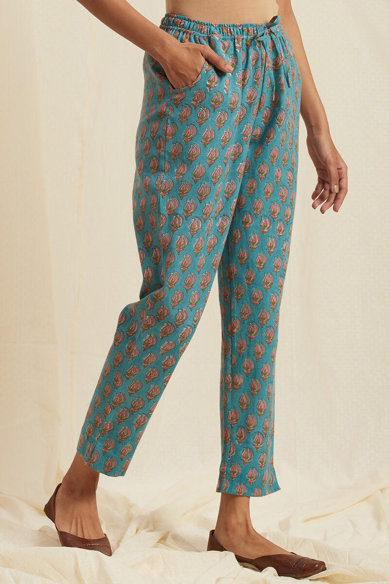 Turquoise Block Printed Cotton Pants