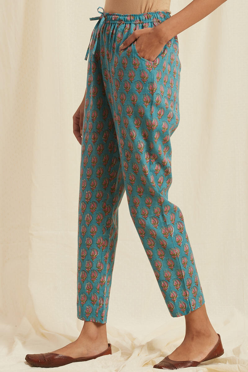 Turquoise Block Printed Cotton Pants