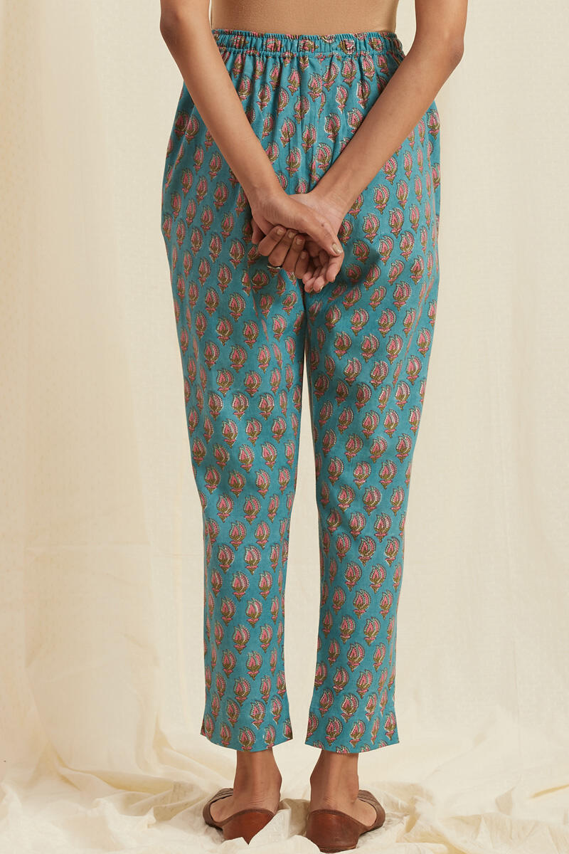 Turquoise Block Printed Cotton Pants