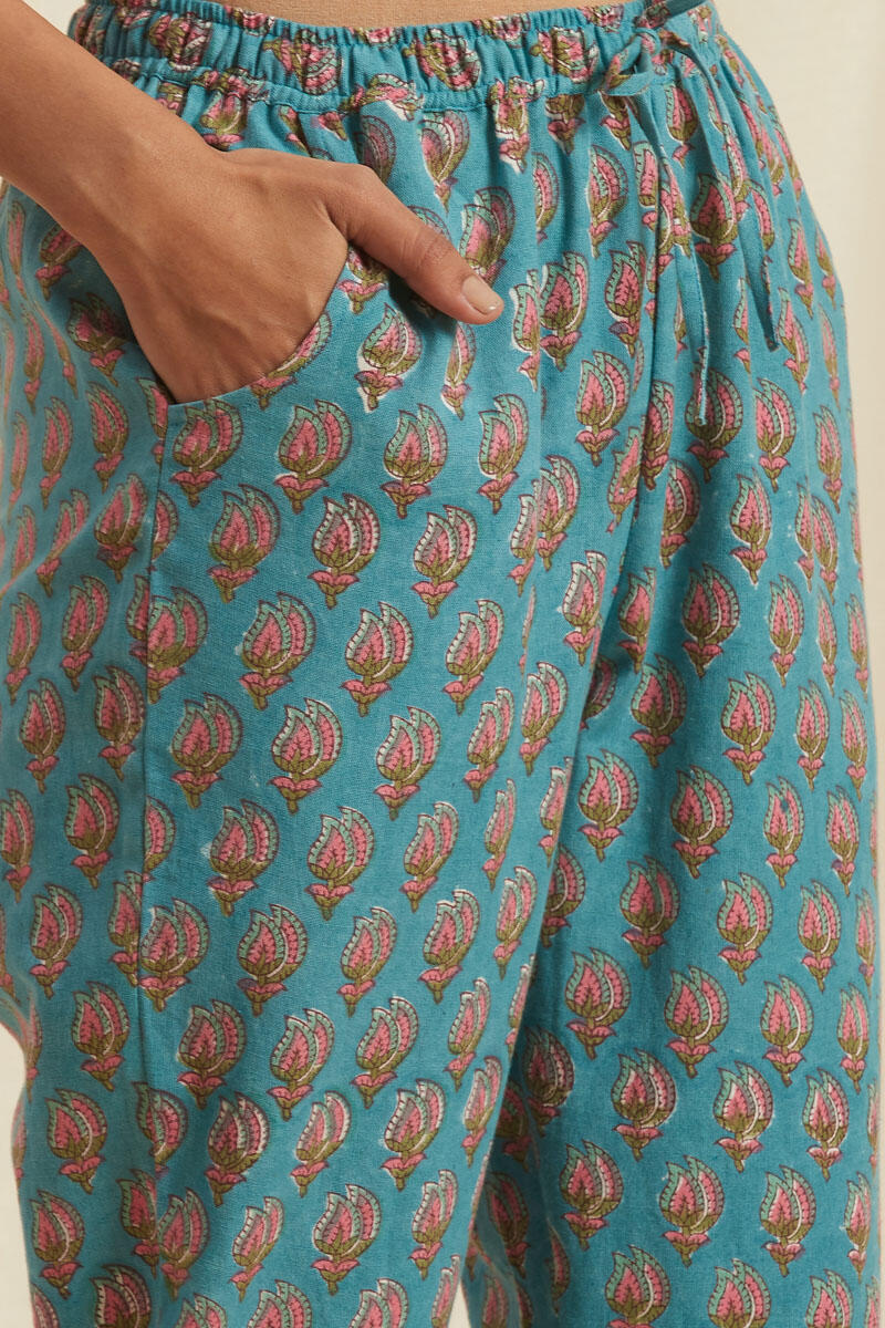 Turquoise Block Printed Cotton Pants